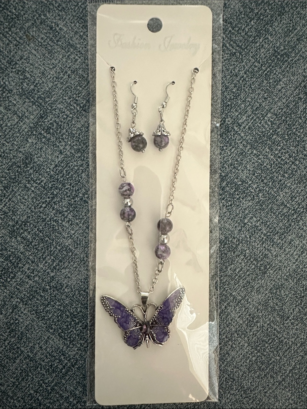 New Fashion Jewelry Purple Butterfly Necklace & Earrings Set